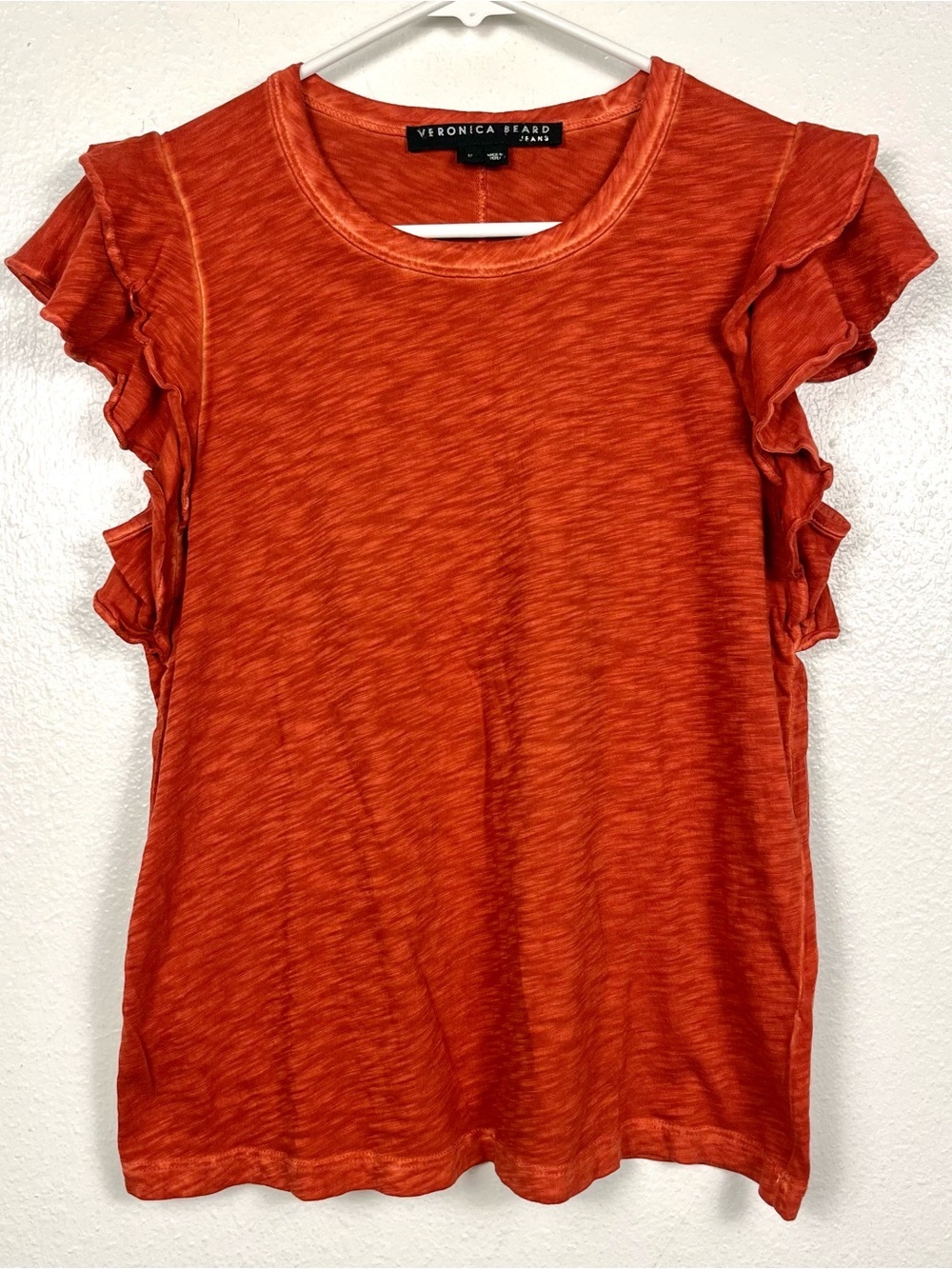 Veronica Beard Small Akeela Ruffle Sleeve Cotton Tee Top Rust Red-Orange - Picture 2 of 6